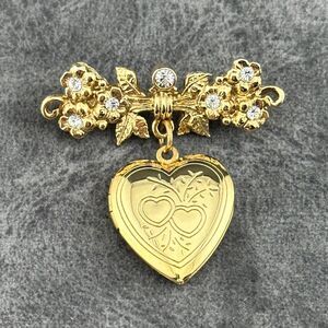 Vintage Gold-Tone Etched Puffy Heart Locket Rhinestone Floral Tie Bar Pin Brooch